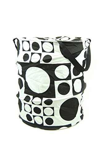Laundry Hamper Pop up Collapsible Circular Barrel High Quality Durable Tough Storage Organizer Space Saving Decorative Awesome Gift Hamper, Zipper Closing Top Lid, 17.5 inch height, 14.5 inch Diameter (Design Black & White)