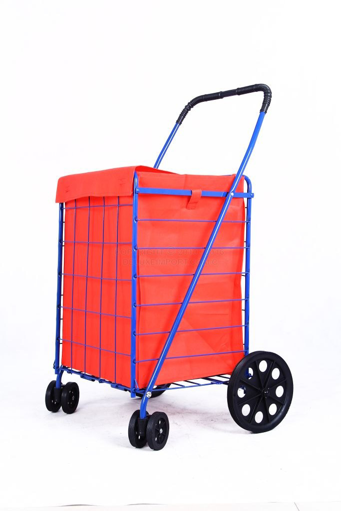 DLUX Blue Folding Shopping Cart With Front Swivel Wheels And Extra Double Basket With Liner - Jumbo Size