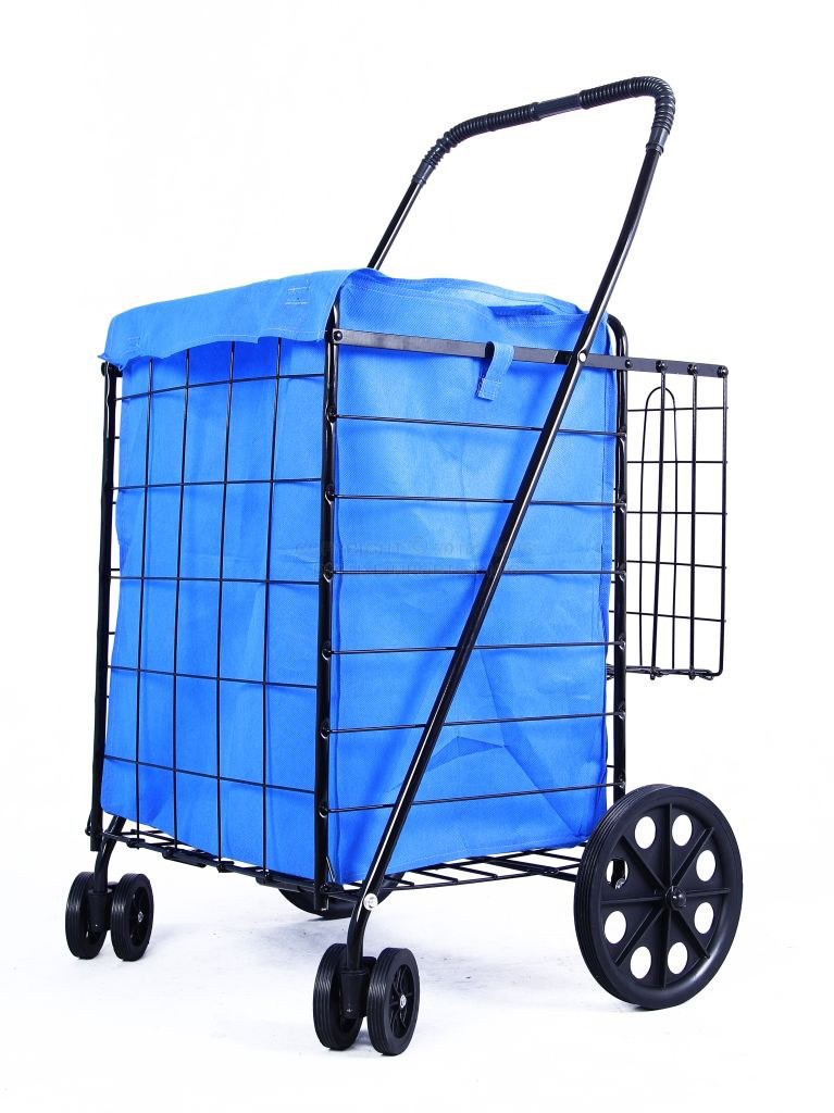 DLUX Black Shopping Folding Cart With Front Swivel Wheels And Bonus Extra Basket With Liner- Jumbo size